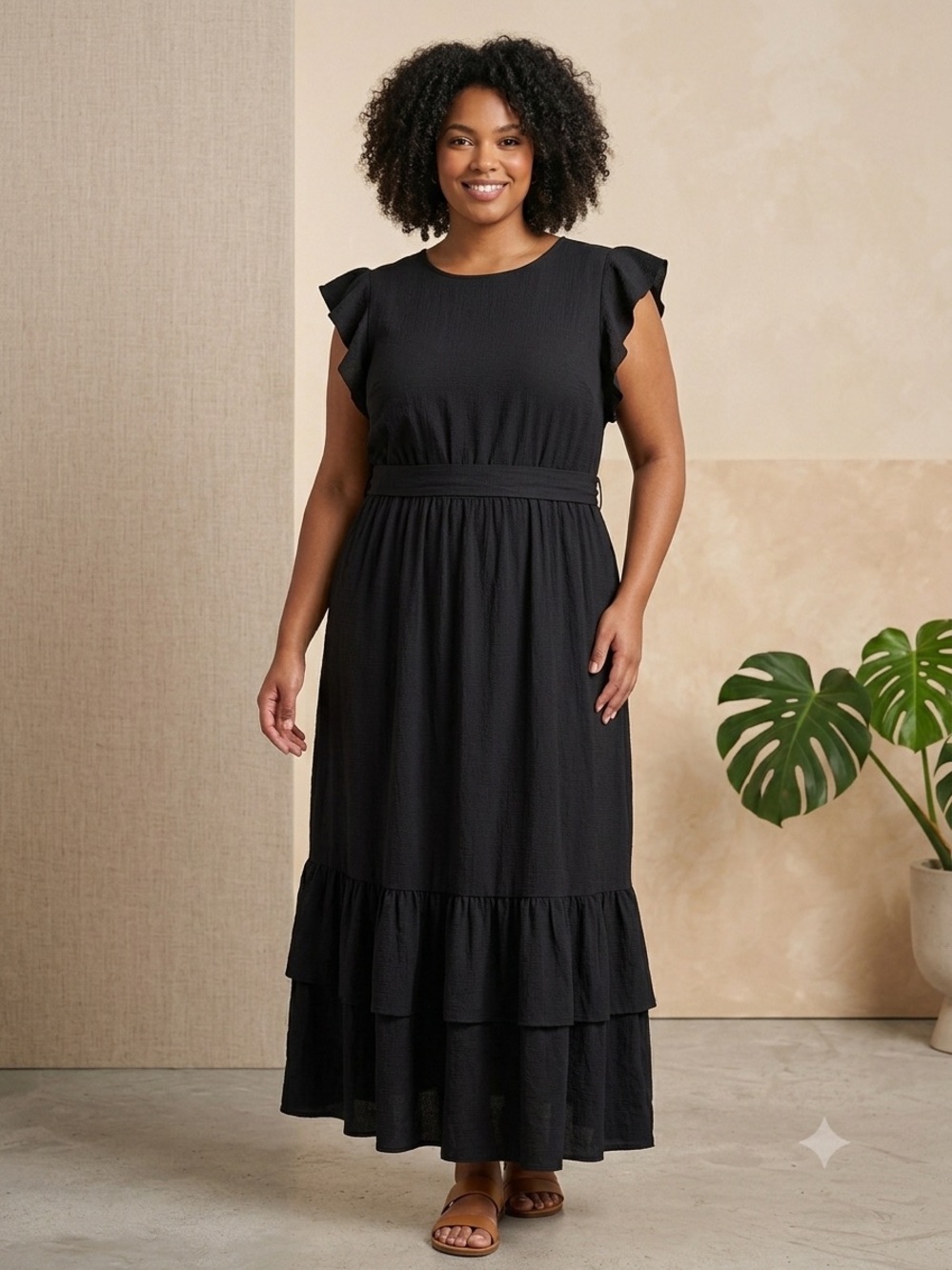For Cynthia Black Ruffle-Sleeve Tiered Maxi Dress